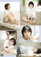 A collage of photos of a young woman sitting on a bed.